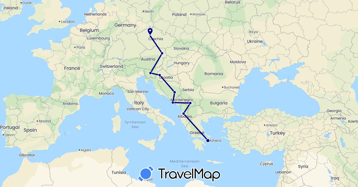 TravelMap itinerary: driving in Albania, Austria, Bosnia and Herzegovina, Czech Republic, Greece, Croatia, Slovenia, Kosovo (Europe)
