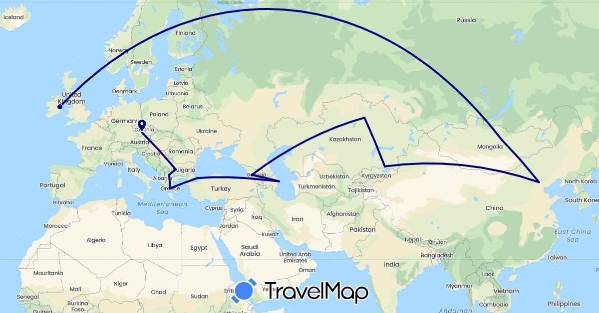 TravelMap itinerary: driving in Armenia, Azerbaijan, Bulgaria, China, Czech Republic, Georgia, Greece, Ireland, Kazakhstan, Macedonia, Mongolia, Malaysia, Turkey (Asia, Europe)