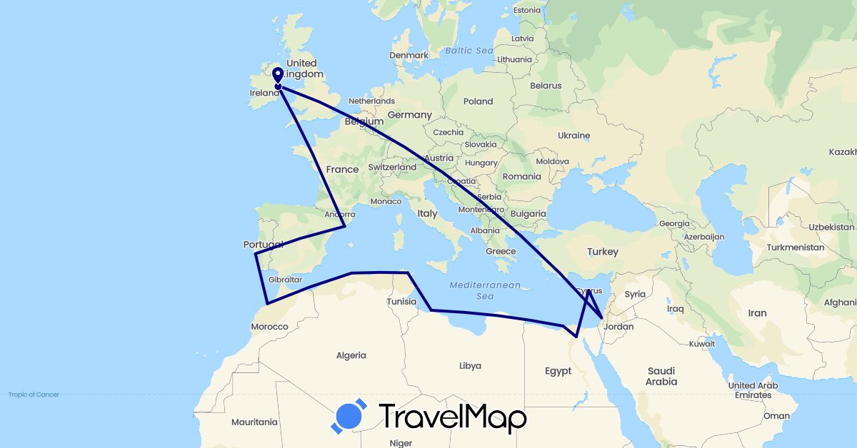 TravelMap itinerary: driving in Cyprus, Algeria, Egypt, Spain, Ireland, Israel, Libya, Morocco, Portugal, Tunisia (Africa, Asia, Europe)